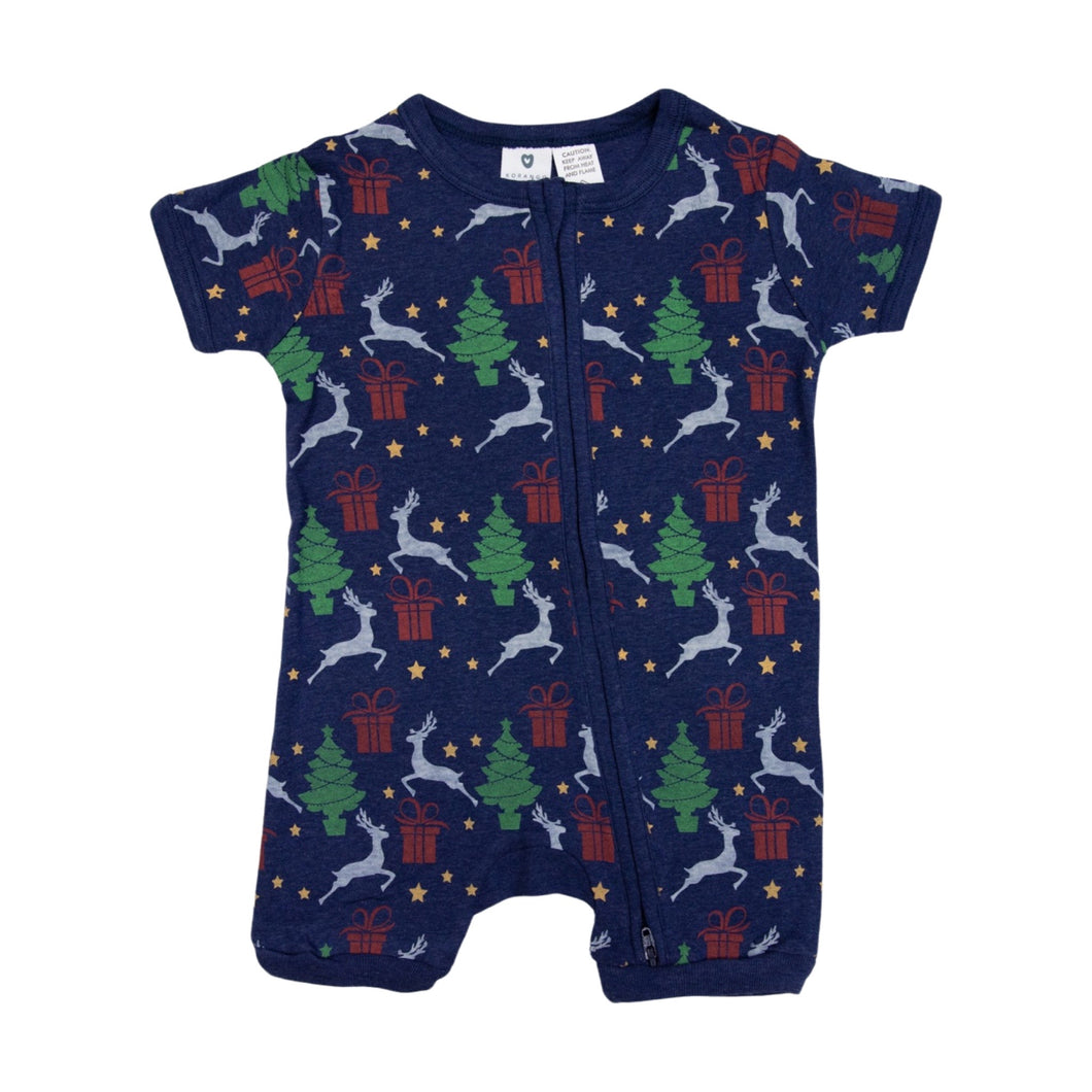 Pyjamas Cotton Modal Xmas Short Sleeve Zip Romper Navy